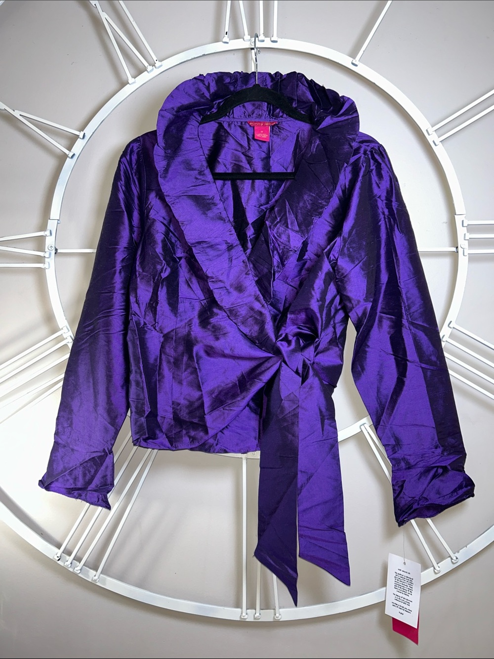 NWT Sunny Leigh 100% Silk Purple Tie-Waist Shawl Collar Blouse